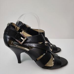MICHAEL KORS Zoe Sandals Womens 9 Black Leather Heels Caged Silver Logo Zip